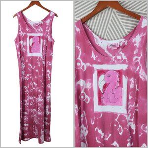 Vintage Flamingo Beach Shirt Dress Small Medium Pink Maxi Long Tie Dye Choice Up